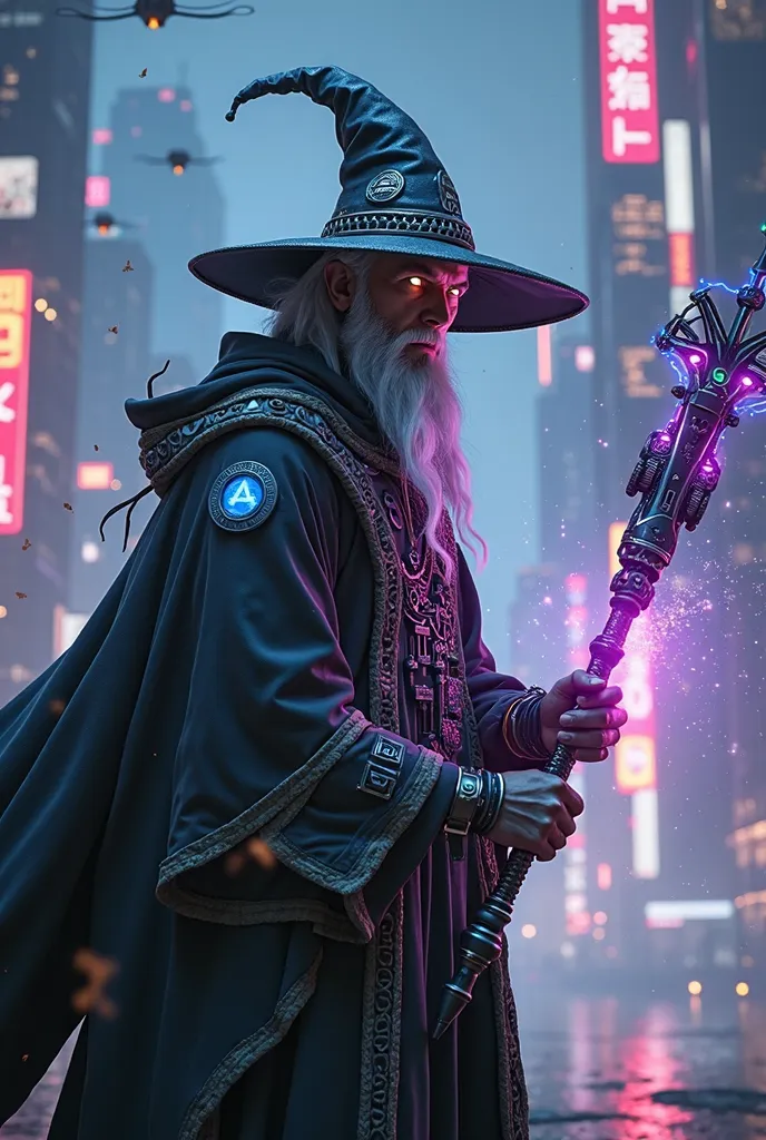 A futuristic wizard in the Cyberpunk 2077 style, combining advanced technology and magic to manipulate matter. He wears a long All black with neon blue and purple details, filled with brilliant circuits and arcane holographic symbols. His eyes glow with a ...