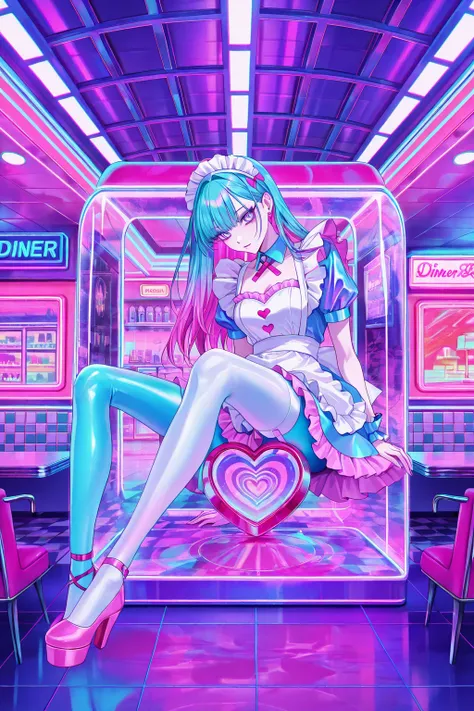 cool beauty, gradation color hair, slender body, sit in Heart-shaped object , maid exotic fashion, diner motif room, neon color, Vaporwave, girl in the glass box,