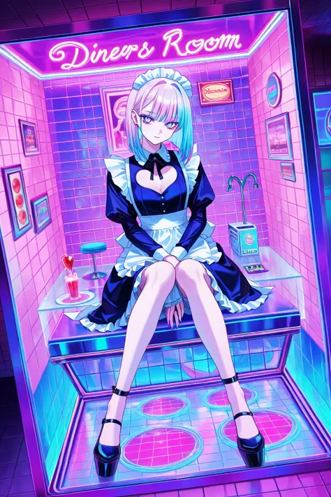 cool beauty, gradation color hair, slender body, sit in Heart-shaped object , maid exotic fashion, diner motif room, neon color, Vaporwave, girl in the glass box,