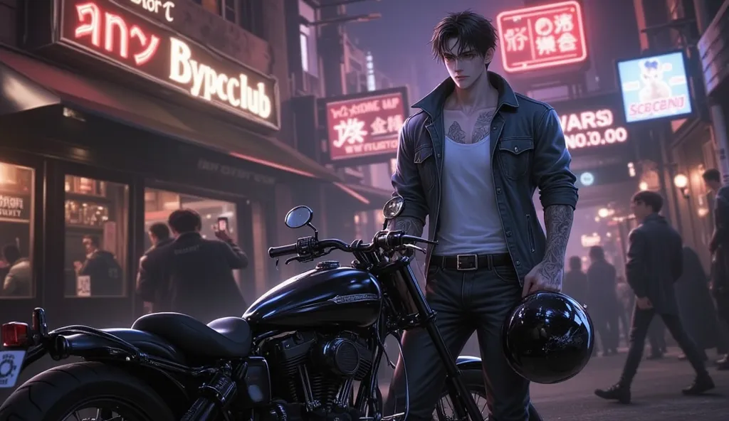 In front of a nightclub : A 20-year-old boy, Who is wearing a tank top, a blue denim jacket, and black jeans has tattoos on his arm., Stops on his motorcycle and wears it with his helmet in his head 