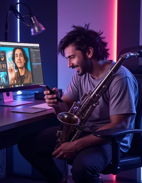 "Excited musician with his instrument, looking at his phone with a smile, in a modern recording studio with LED lights and computer screen showing Instagram."

