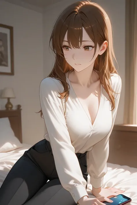 Woman, long hair Brown, Brown eyes Tall body, Medium sized breasts normal ass, sit on bed with a phone smug smile white shirt with black lines black pants