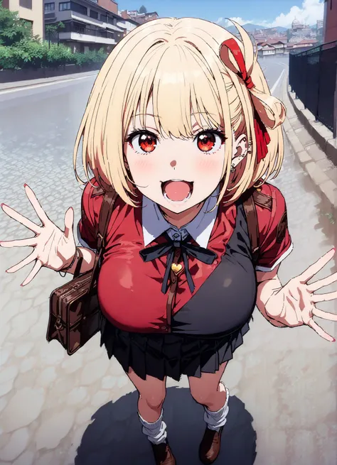 Nishiki Shiho , Nishiki Castle Senri, short hair, bangs, blond hair, red eyes, hair ribbon, One Side Up, bob cut,Big Breasts, Chest Valley, gal,smile,blush,opens her mouth, heart shaped necklace ,big breasts, Chest, gal, collared shirt,Short sleeve,sc...