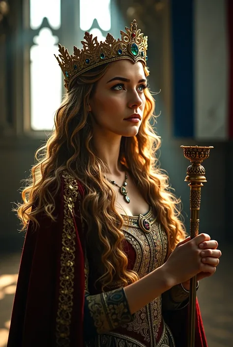 "A hyper-realistic and cinematic depiction of Eleanor of Aquitaine standing between two powerful medieval thrones, symbolizing her reign over both France and England. She is dressed in a deep crimson and gold-embroidered royal gown, with a majestic golden ...