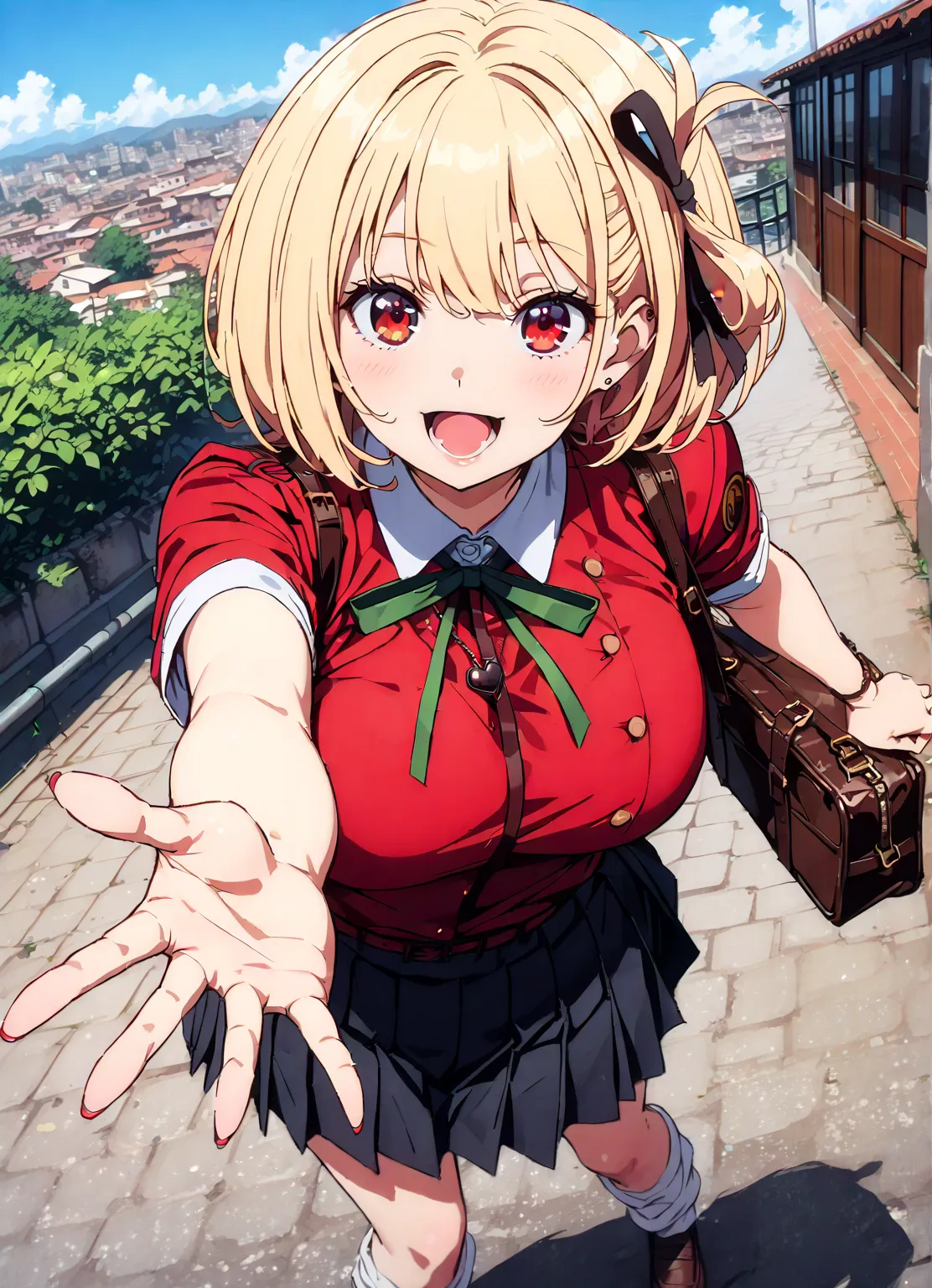 Nishiki Shiho , Nishiki Castle Senri,  short hair, bangs, blond hair, red eyes,  hair ribbon,  One Side Up, bob cut,Big Breasts, Chest Valley, gal,smile,blush,opens her mouth, heart shaped necklace ,  collared shirt,Short sleeve,school bag ,  Black Mini Pl...