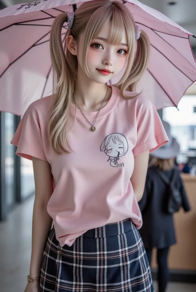  super realistic, Realistic,  Dramatic Scene ,  Shadow , Full-area lighting, alone,  1 woman with an umbrella\( age japanese gothic girl ,  jiraikei fragile japanese girl ,   is very beautiful， Very Cute Face  ,  Very Large Breasts , Slim Waist,  Blonde Po...