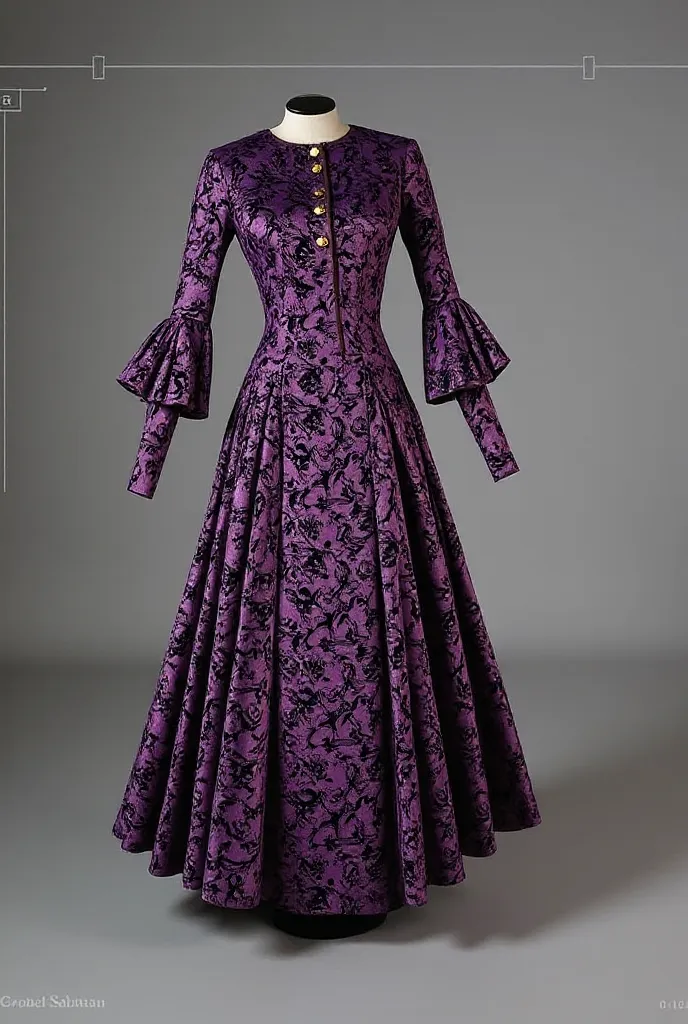 A luxurious purple velvet dress
Golden button details
Black swirling pattern ,A slit at the front 