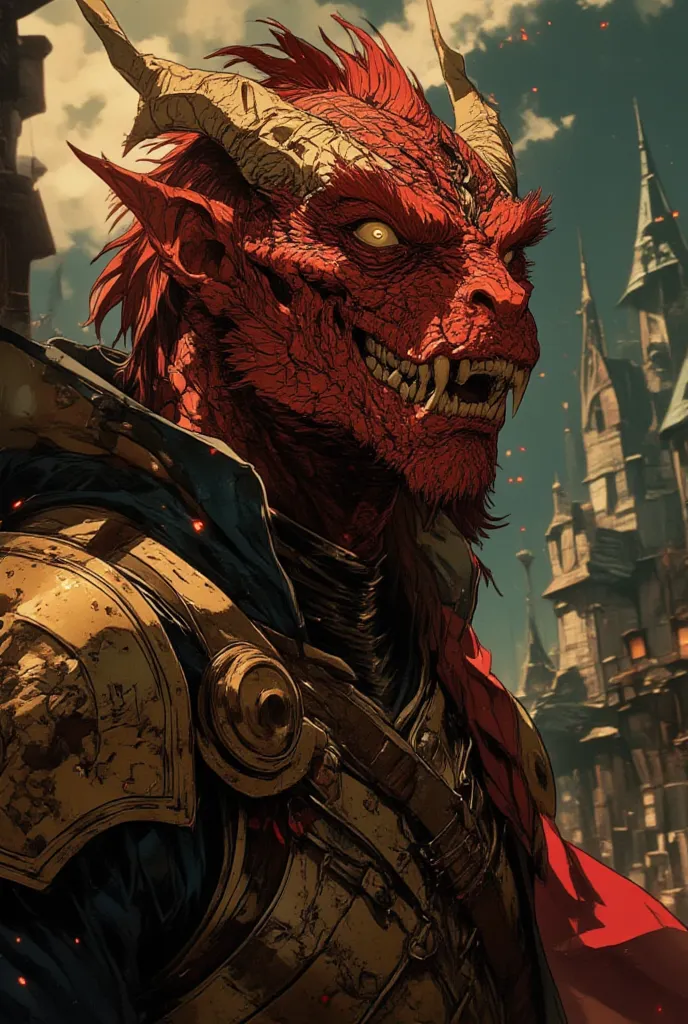 A highly detailed anime-style portrait of a Dragonborn warrior with deep crimson scales, sharp golden eyes, and intricate battle scars. His powerful jaw is slightly open, revealing sharp teeth. He wears ornate, weathered armor with dragon engravings and a ...