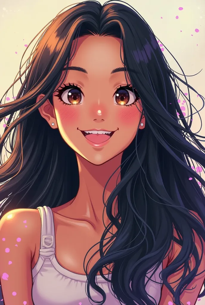 an image of a young woman with long hair, negro, wavy. Let your expression be cheerful. And that the animation is similar to that of haikyū