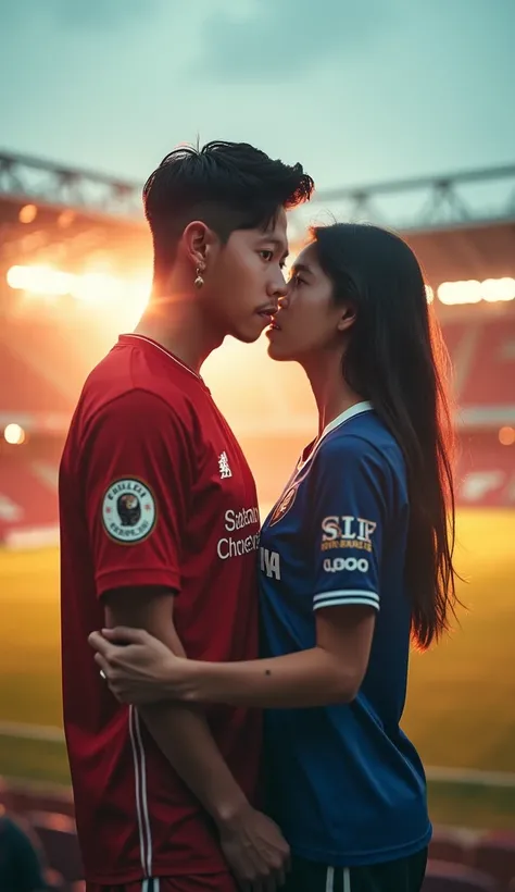 double exposure, cover photo of the film entitled "Friday Blessings". The cover shows a handsome Korean man with trendy short hair, wearing Jersey Liverpool at jacket clothes. The background is a beautifull Anfield stadium at night. The overall image has s...