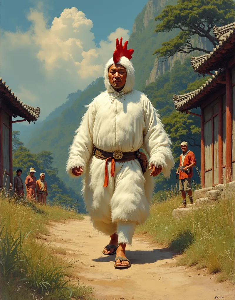 Masterpiece, best quality, highresolution. A movie poster depicting a Chinese landscape. In the background a family of peasant farmers stands faraway watcing. An Asian man in a white chicken costume walks away with a look of determination. The man's face i...