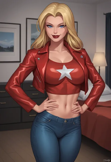 safe_pos, PonyXLV6_Scores BREAK ((retro artstyle, parody)), perfect anatomy, cowboy shot) 1girl, blonde hair, long hair, blue eyes, ((looking at viewer)), superhero, red lipstick, red crop top, red jeans, red leather jacket,  curvy, athletic, large breasts...