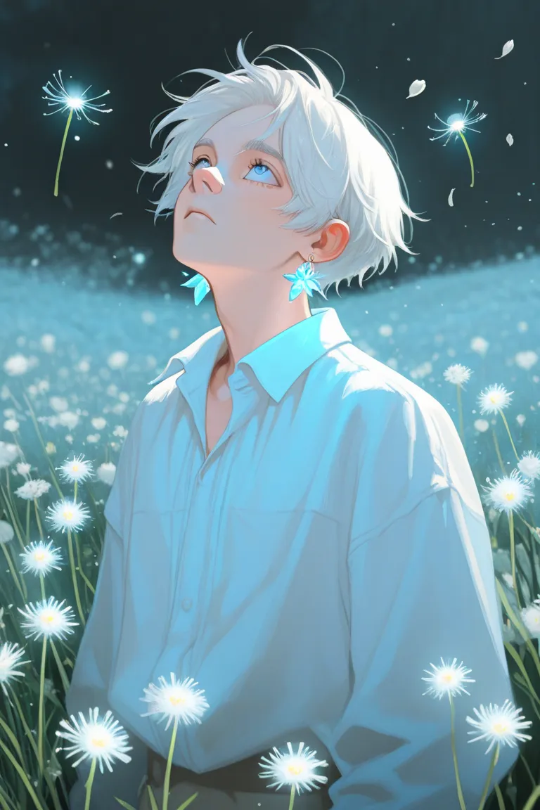  13years old boy with blue eyes, standing while looking up in a field felld with white dandelion flowers, with white hair and wearing white selves shirt, and tiny crystal earrings, some few tiny dandelion petals flying around, sketchy, dream aesthetic, glo...