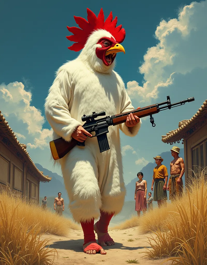 Masterpiece, best quality, highresolution. A movie poster depicting a Chinese landscape. In the background a family of peasant farmers stands faraway watcing. An Asian man in a white chicken costume walks away with a look of determination. He has been bani...