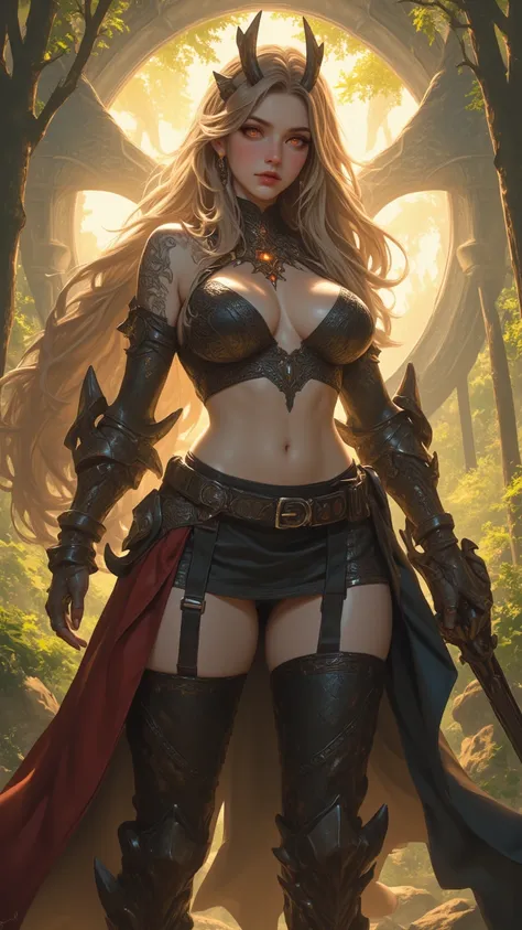 A curvy knight girl，with dragon horns and orange eyes，hair hanging down to the sun，tattooed on arm，Waist trim，wearing a skirt and leggings，is depicted in detail in a beautiful oil painting。