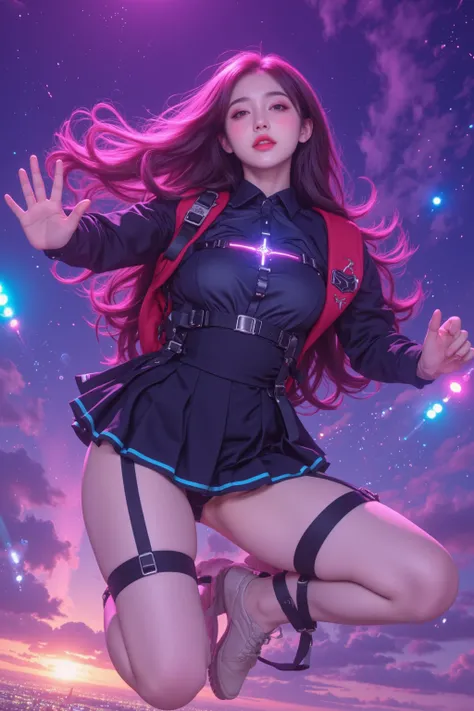 A breathtaking and dynamic scene of an extraordinarily beautiful young woman skydiving, wearing a futuristic Japanese school uniform infused with neon aesthetics. The uniform consists of a short, pleated skirt and a crisp blouse with glowing neon blue and ...