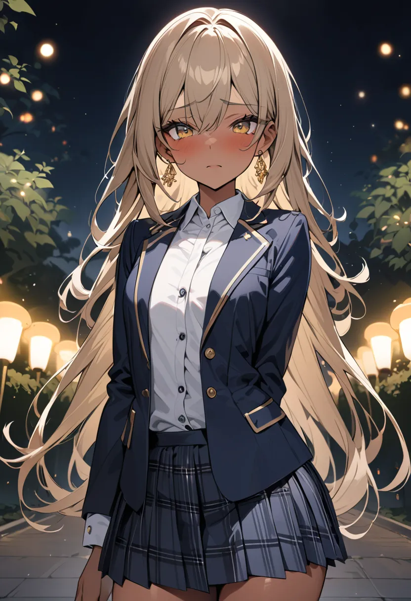 ((Greatest Masterpiece,Ultra High Quality:1.2)),(super resolution),(solo),cowboy shot,Slender, small-breasted high school girl posing in a gravure pose in a park at night, healthy tan skin , beautiful face,Light brown long hair,perfect golden eyes,stares,s...