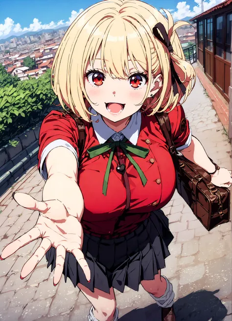 Nishiki Shiho , Nishiki Castle Senri, short hair, bangs, blond hair, red eyes, hair ribbon, One Side Up, bob cut,Big Breasts, Chest Valley, gal,smile,blush,opens her mouth, heart shaped necklace , collared shirt,Short sleeve,school bag , Black Mini Pl...