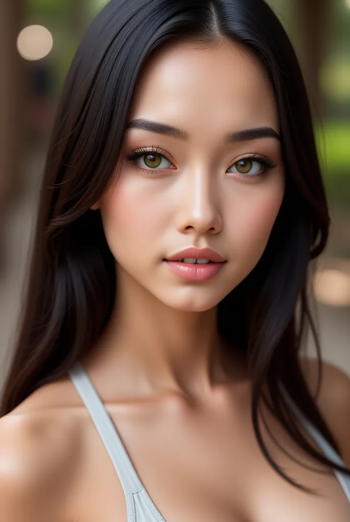 Image is a high-resolution portrait photograph featuring a woman with striking facial features. She has long, straight black hair that frames her face, and her skin is a smooth, light tan. Her eyes are a vivid green, and she has well-defined eyebrows. Her ...