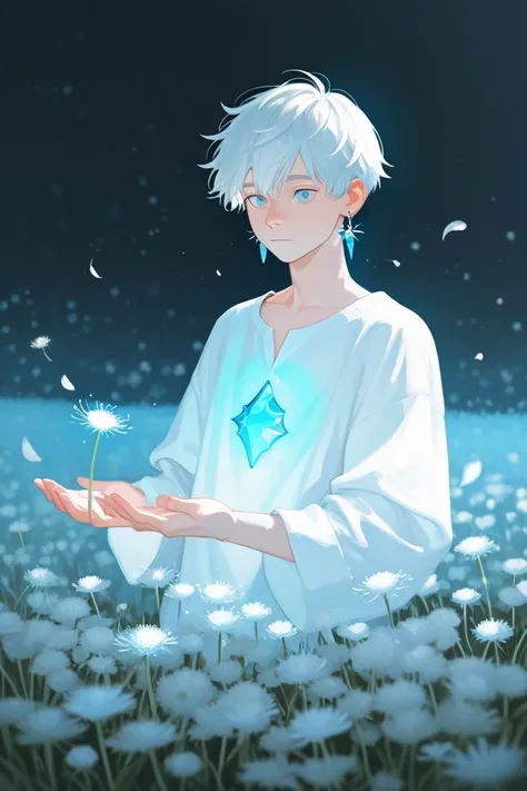  13years old boy with blue eyes, standing in a field felld with white dandelion flowers, with white short hair and wearing white selves shirt, and tiny crystal earrings, some few tiny dandelion petals flying around, sketchy, dream aesthetic, glowing light,...