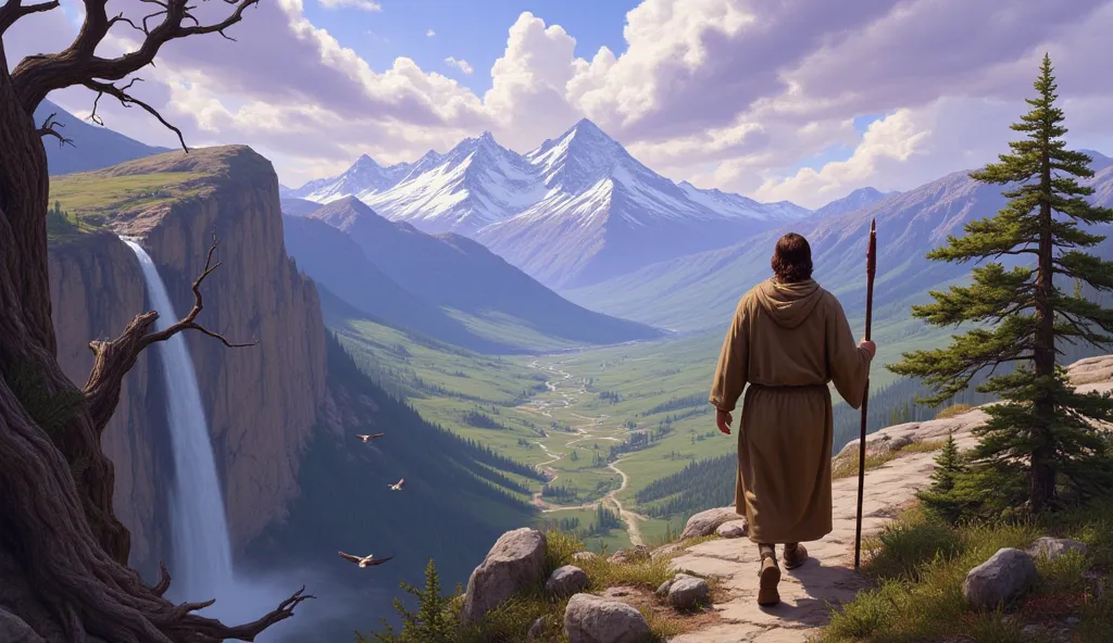 Jesus of Nazareth, viewed from behind in a weathered brown robe (#6B4423), walks with a shepherd’s staff along a narrow cliffside path. Epic landscape: jagged snow-capped peaks, waterfalls cascading into emerald valleys, and ancient pine trees with twisted...