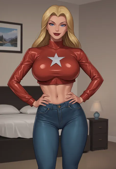 safe_pos, PonyXLV6_Scores BREAK ((retro artstyle, parody)), perfect anatomy, cowboy shot) 1girl, blonde hair, long hair, blue eyes, ((looking at viewer)), superhero, red lipstick, red crop top, red jeans, red leather jacket,  curvy, athletic, large breasts...