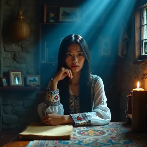 A professional photograph of a woman sitting at a rustic wooden table in a dimly lit, mystical room. She has long, straight black hair, warm brown skin, and deep, expressive eyes. She wears a traditional white dress adorned with intricate floral embroider...