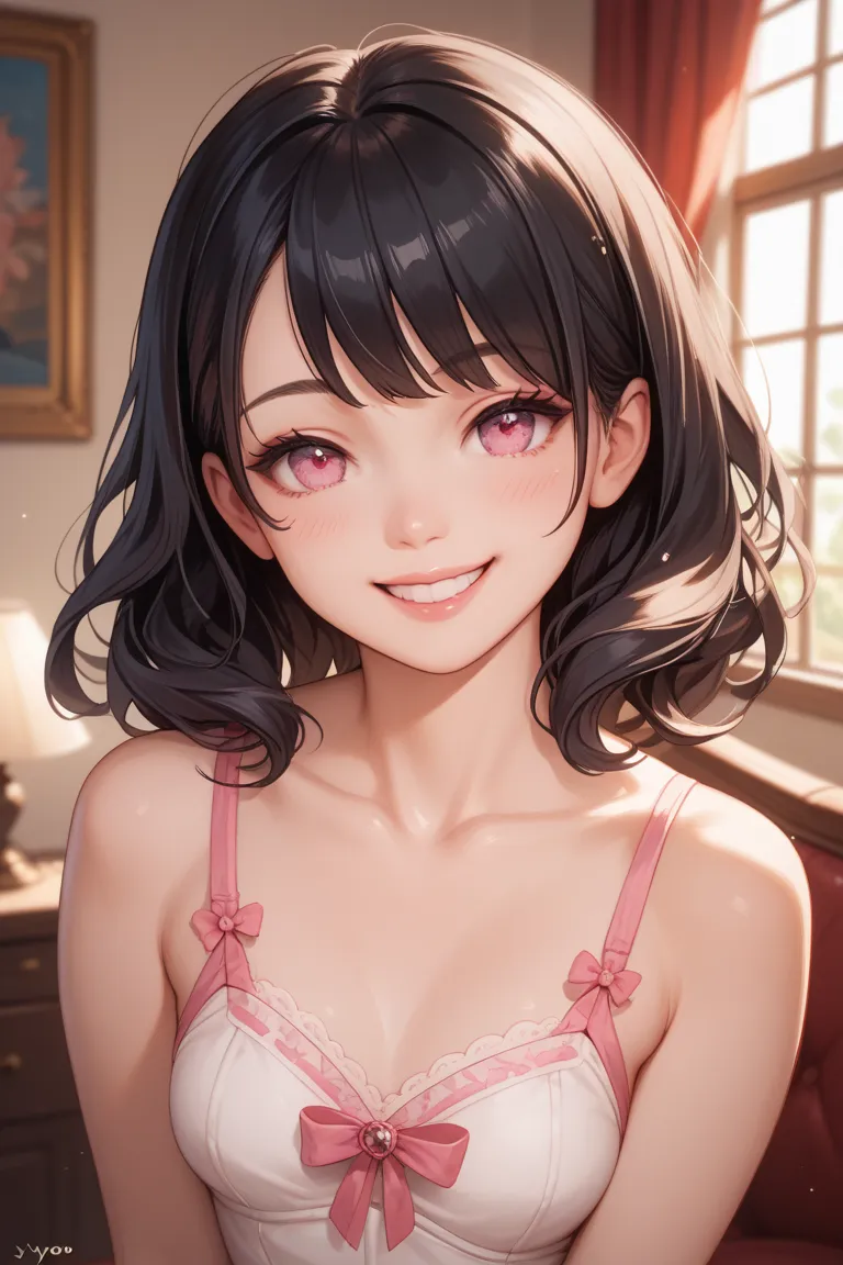 best quality, ultra detailed,8k, 1girl ,head to knee,Happy smile,,(15yo),small breasts,( Chest Valley),medium hair,black hair,,break,(pink eyes,beautiful detailed eyes),girls room