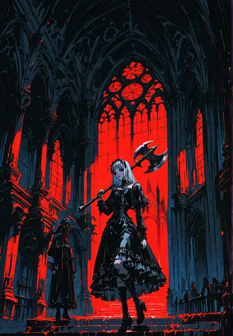 Chica gárgola, goth make-up, piel rocosa gris,  senos promedio, standing in one leg en la cumbre de iglesia, holding an axe. Background: CATHEDRAL,  Dark atmosphere, red light, man behind her