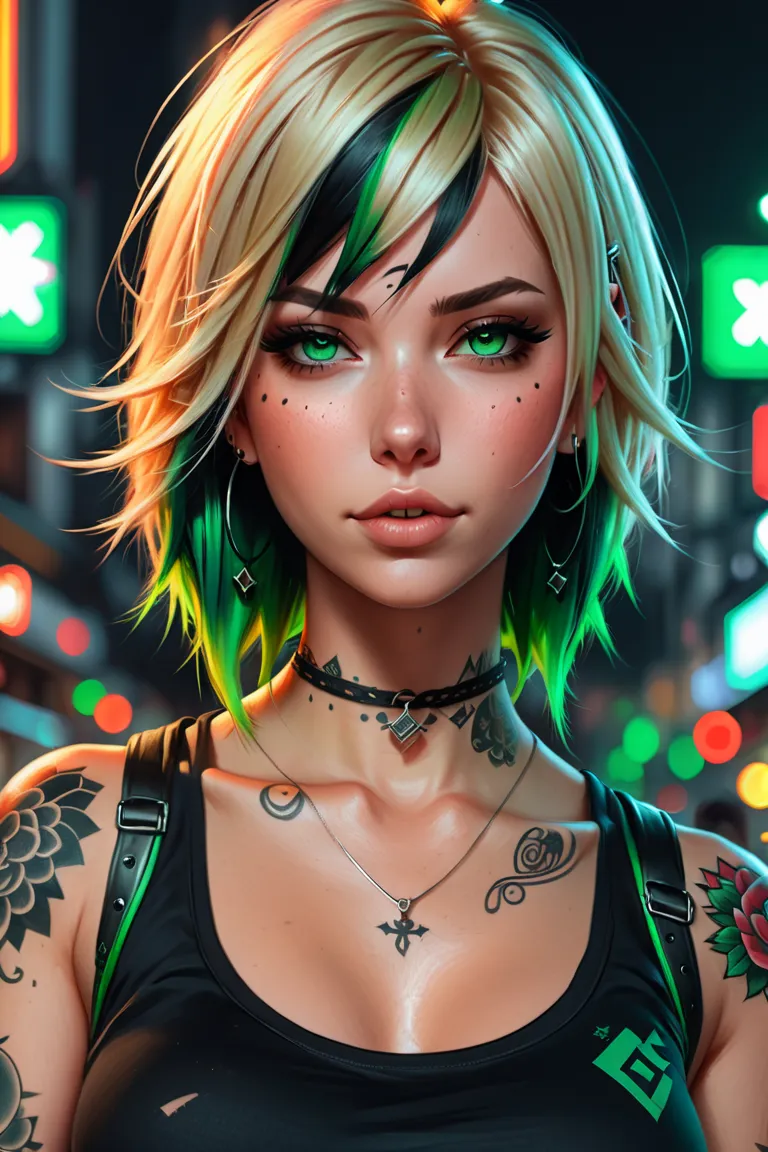 Emo woman with blonde hair green eyes, a black top, with tattoos,  realistic art style ,  portrait of Rossdraws , portrait of art germ,  realistic art style , realistic digital art 4k, realistic digital art 4k, german art bokeh 8k,  DeviantArt Artstation C...