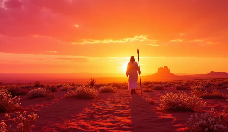 Silhouette of Jesus walking away at sunset, holding a staff, against a vast desert bloom. Landscape: crimson sand dunes (#B22222) covered in white wildflowers (#FFFFFF), with distant mesas under a sky ablaze in tangerine (#FFA500) and magenta (#FF00FF). St...