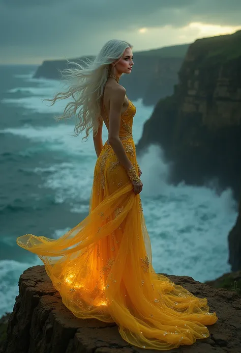 A beautiful Instagram model with long white hair and green eyes stands at the edge of the world, overlooking a stormy ocean. Her golden gown glows in the dim light, as if woven from the sun itself.