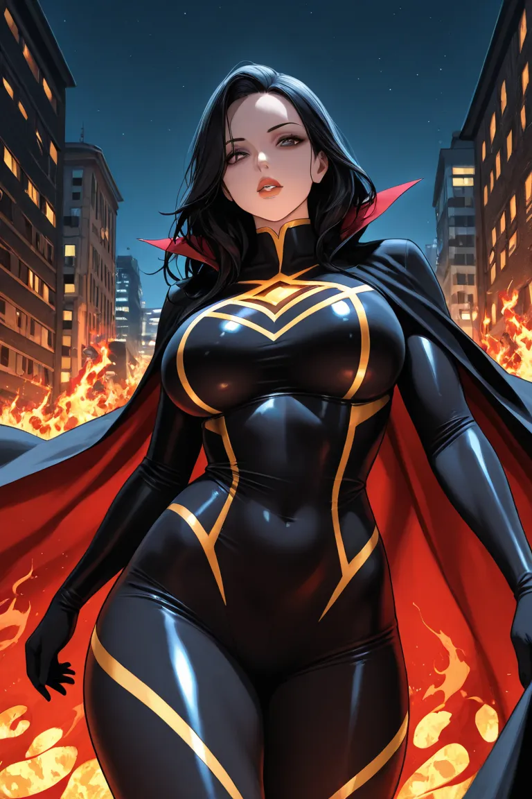 A black skin girl, with black hair, plump, with big breasts, in a superheroine costume, stands on the road, and a house is burning behind her, and the night