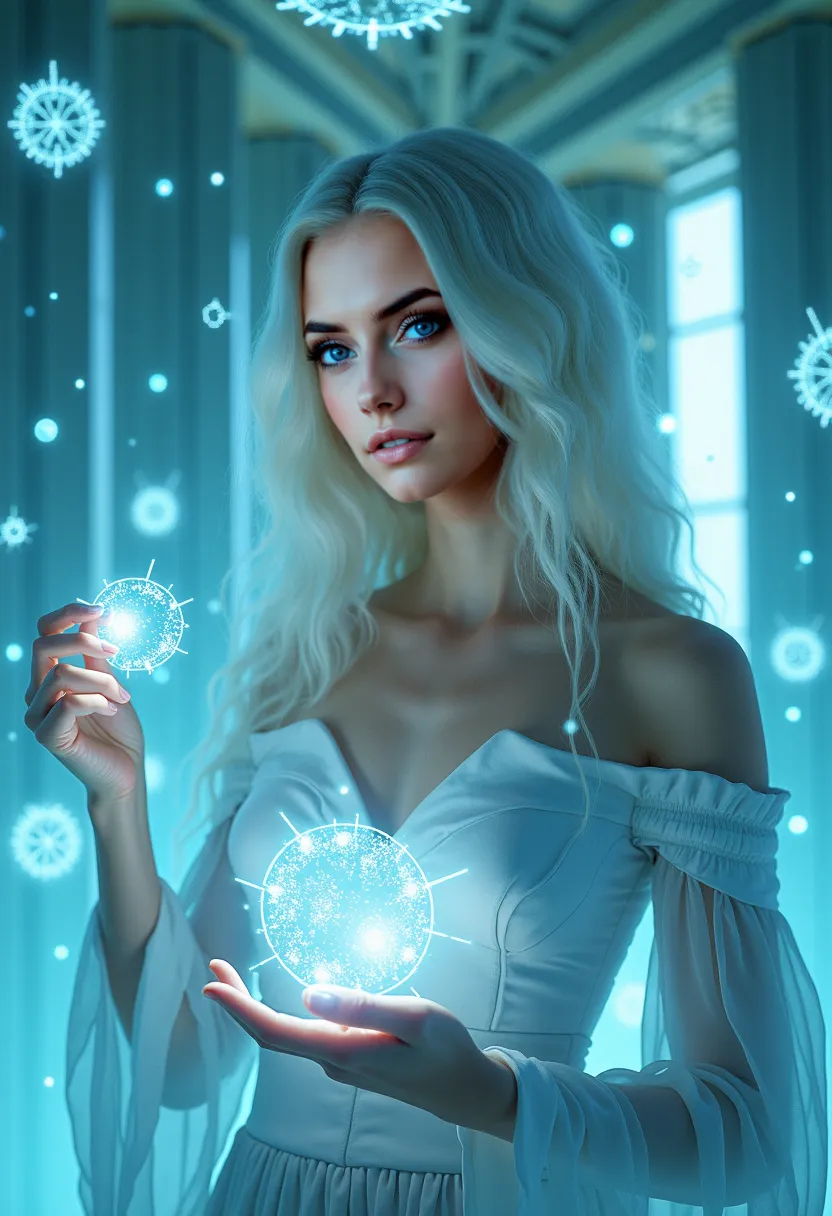 A beautiful Instagram model with long white hair and green eyes is inside a futuristic glass palace, surrounded by floating holograms of ancient constellations. She touches a glowing star map, her face illuminated by its soft blue light