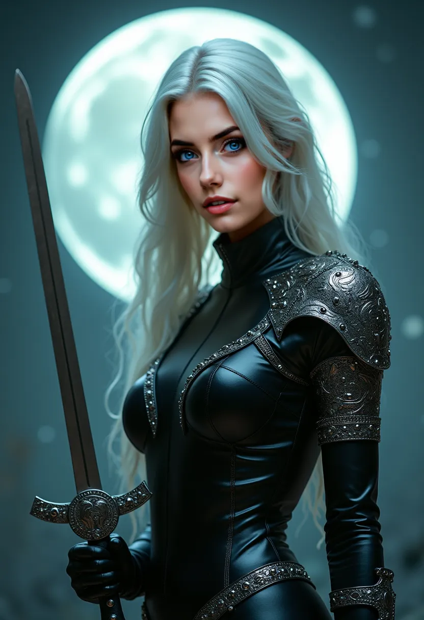 A beautiful Instagram model with long white hair and green eyes stands under a full moon, wearing an all-black leather bodysuit with silver armor details. She holds an ornate dagger in one hand, the blade reflecting the cosmic sky.