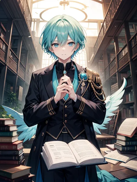 aqua-haired young man with blue magic book. He is a very handsome young man.、I'm a knight. The blue magic book emits a strong light、Summons a glowing blue magic circle. The young man was looking at the open grimoire、I was smiled by the overflowing light. I...