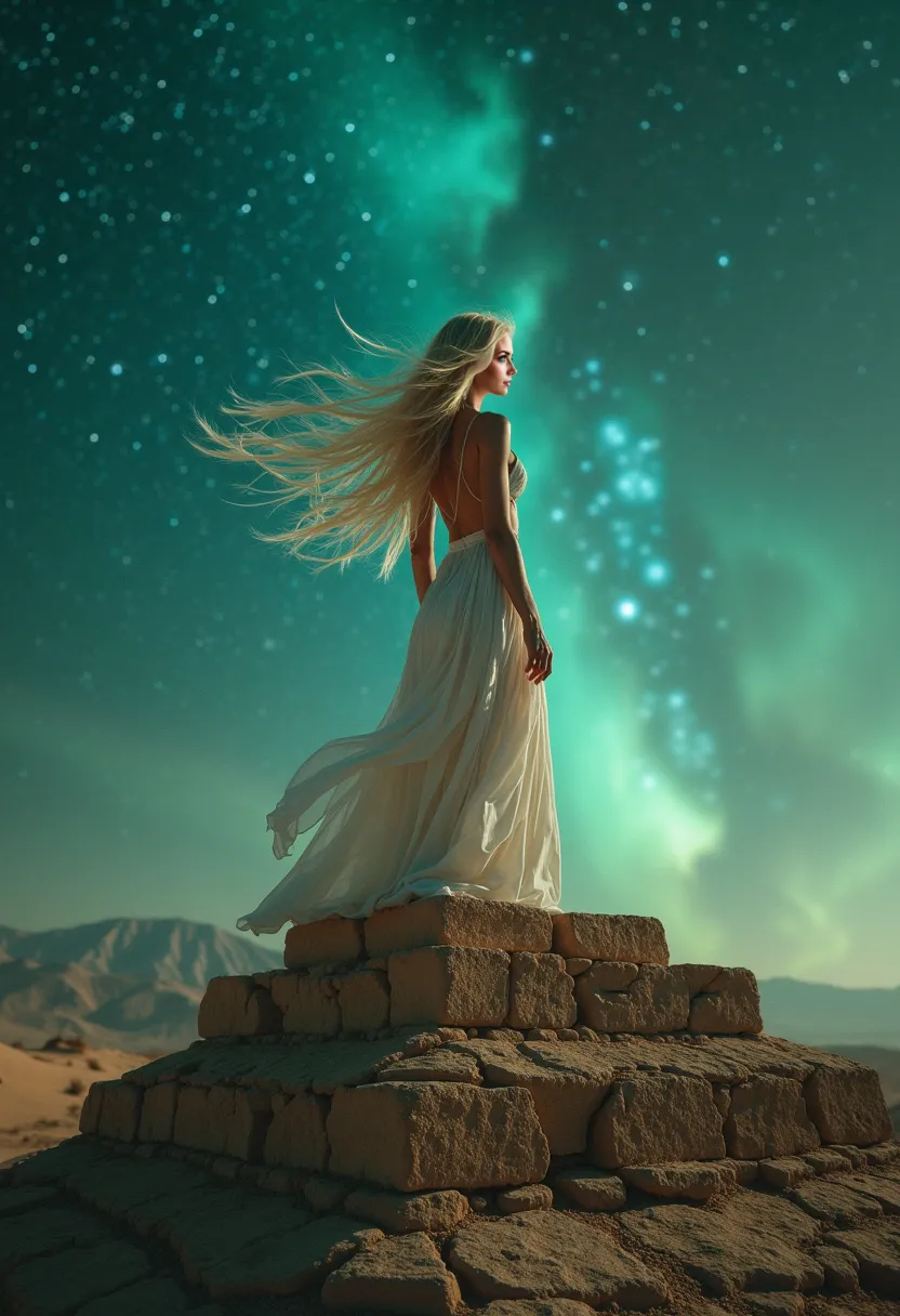 A beautiful Instagram model with long white hair and green eyes is standing on the rooftop of an ancient pyramid, the desert wind tangling in her hair. The stars above seem to shift around her, as if she commands the heavens themselves.