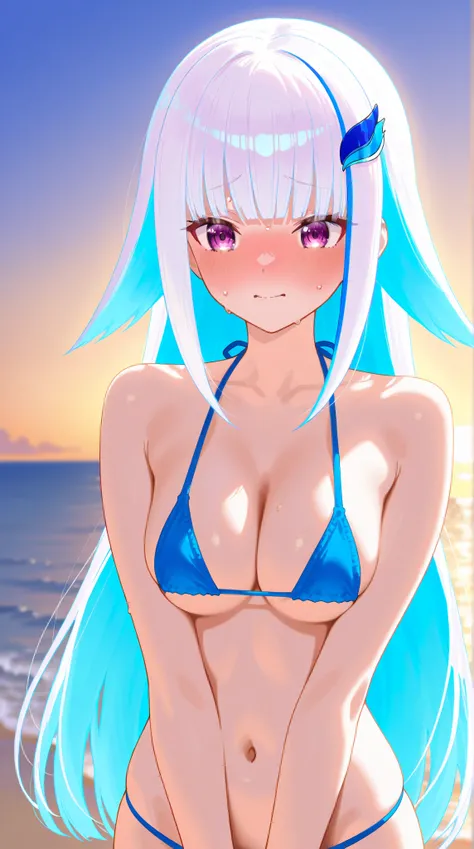 sea,micro bikini,embarrassing,Lize Helesta from nijisanji,embarrassed