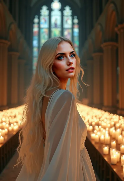 A beautiful Instagram model with long white hair and green eyes is inside a dark cathedral, her white silk gown trailing behind her. Hundreds of candles flicker at her feet, casting shadows that dance like spirits.