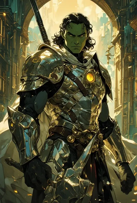 A powerful anime-style portrait of a half-orc paladin with rugged green skin, long dark hair tied back, and a solemn golden gaze. He wears shining silver armor with intricate celestial engravings, a flowing white cape, and a massive warhammer resting on hi...