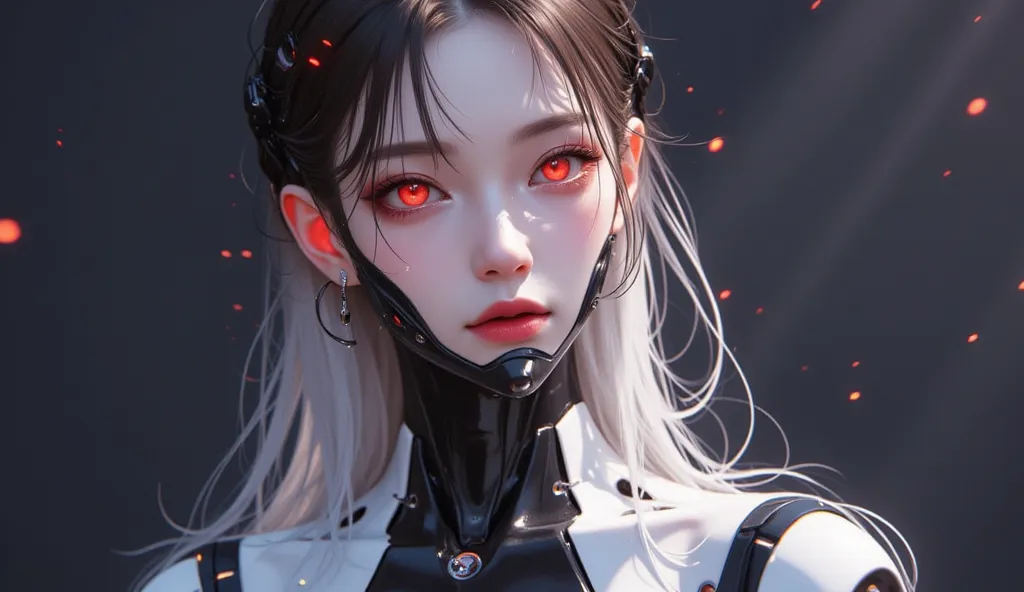 AI woman with matte black and white cyberbody, with red glowing details, very tall, with thick thighs, wide hips, long legs, and a slender waist. Dark red glowing eyes,Long flowing white hair a parting to either side. sad expression on face, No mechanical ...