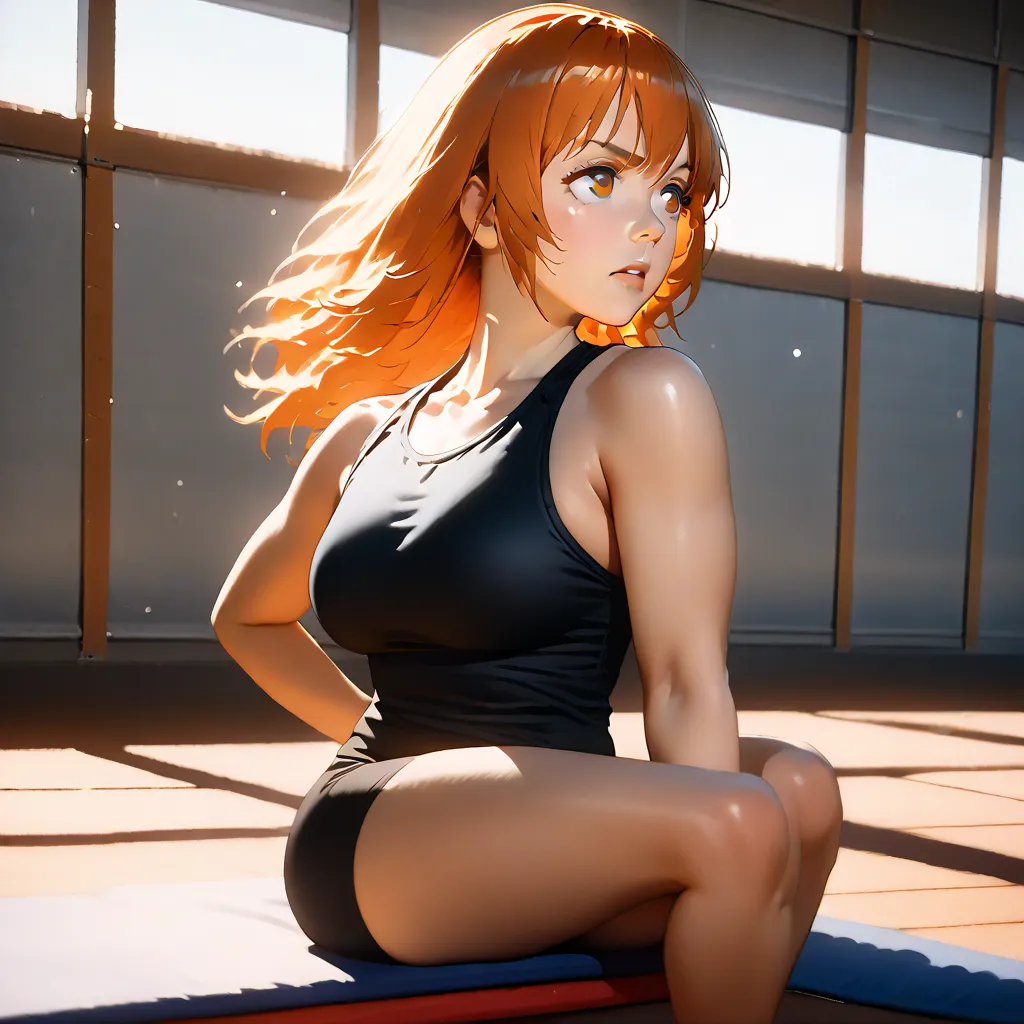 Anime girl with orange hair with big breasts and big ass naked  [sweat] [gym background] Seating exercise,