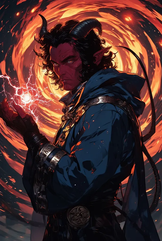 A mesmerizing anime-style portrait of a Tiefling sorcerer with deep crimson skin, glowing golden eyes, and curved black horns. He wears a high-collared dark blue robe embroidered with silver runes, and his long tail curls behind him. His hand crackles with...