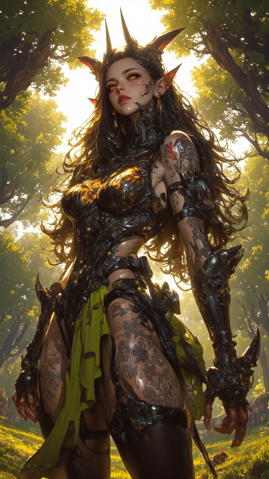 A curvy knight girl，with dragon horns and orange eyes，hair hanging down to the sun，tattooed on arm，Waist trim，wearing a skirt and leggings，is depicted in detail in a beautiful oil painting。