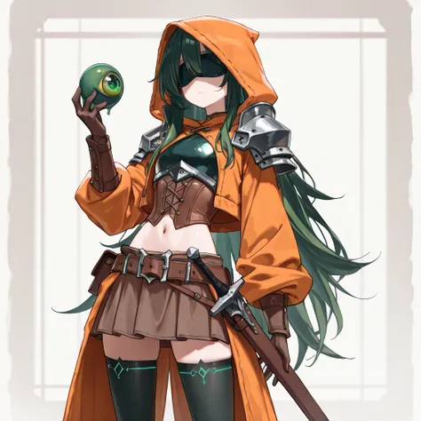 ((1girl,solo.darkgreen-long-hair,,orange-hooded-jacket,,petite Stature)),
(no eyes:1.3 ,blindfold:1.5),Two green artificial eyes fell to the ground. I searched around for the missing ones, scabbard carried on hip, navel, shoulder armor, brown corset, , thi...