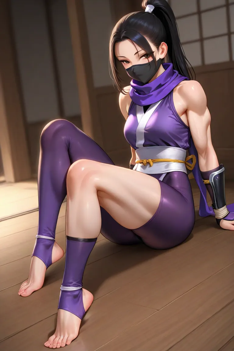 women, asian, black hair, ponytail, spandex, purple ninja, slim muscular athletic physique, mask, bare feet, wrappings on feet and wrists, sleeveless, ninja scarf, bracers, stirrup legwear, seductive, 