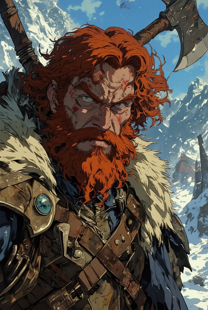 A fierce anime-style portrait of a dwarf berserker with a thick fiery red beard, battle-worn bronze armor, and a menacing battle-axe resting on his shoulder. His deep-set eyes burn with fury, and his face is scarred from countless battles. He wears a wolf ...