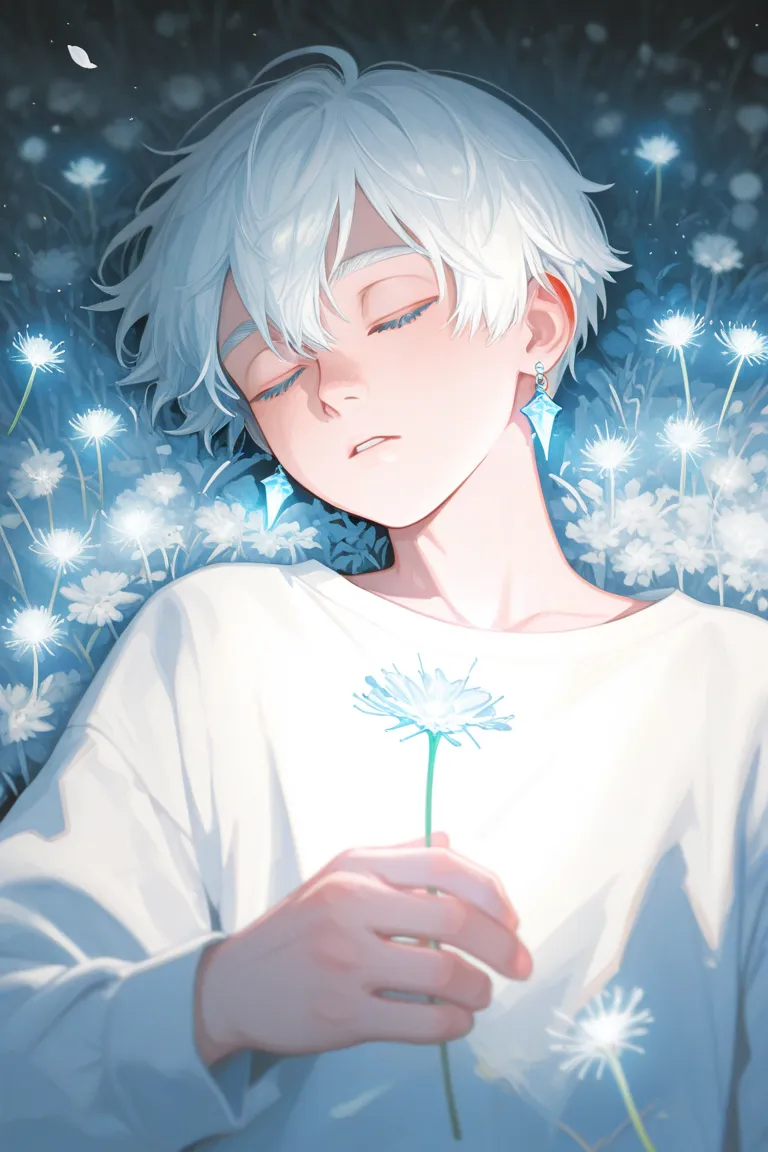  13years old boy with blue eyes, sleeping in a field felld with white dandelion flowers, with white short hair and wearing white selves shirt, and tiny crystal earrings, some few tiny dandelion petals flying around, sketchy, dream aesthetic, glowing light,...