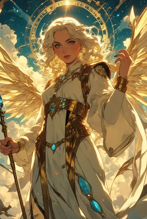 A serene anime-style portrait of an Aasimar cleric with radiant platinum blonde hair, glowing sapphire eyes, and a gentle yet commanding presence. She wears a flowing white and gold robe with celestial symbols and holds a staff topped with a luminous cryst...