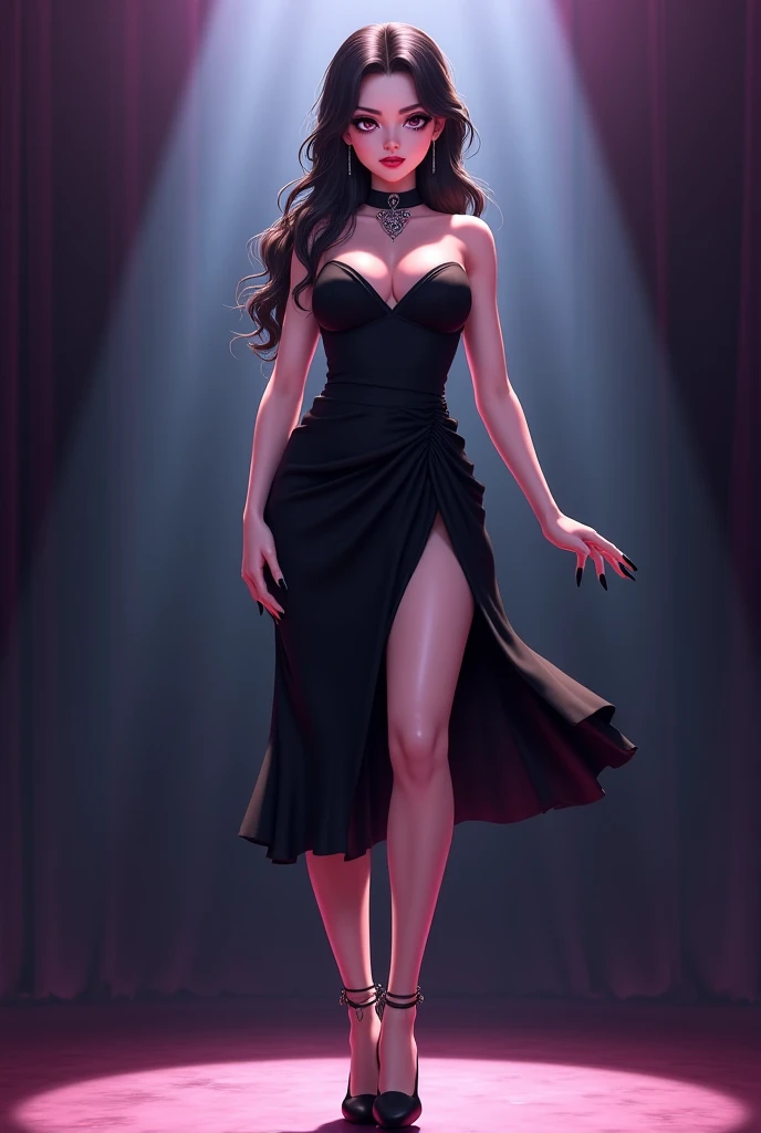 Grown 19 year old anime girl on stage with big chest and make up in Black dress and heels and long Black nails confused 